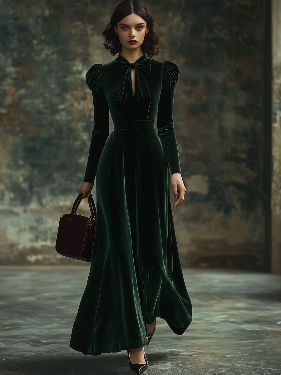 Robe Maxi en Velours Unie avec Col Montant et Nœud - Élégance Instantanée, Expédition Rapide en 24 Heures