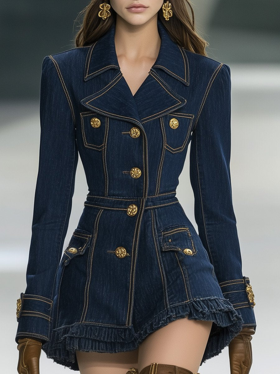 Robe Mini en Denim à Col Large et Ourlet Volanté - Expédition Rapide en 24h