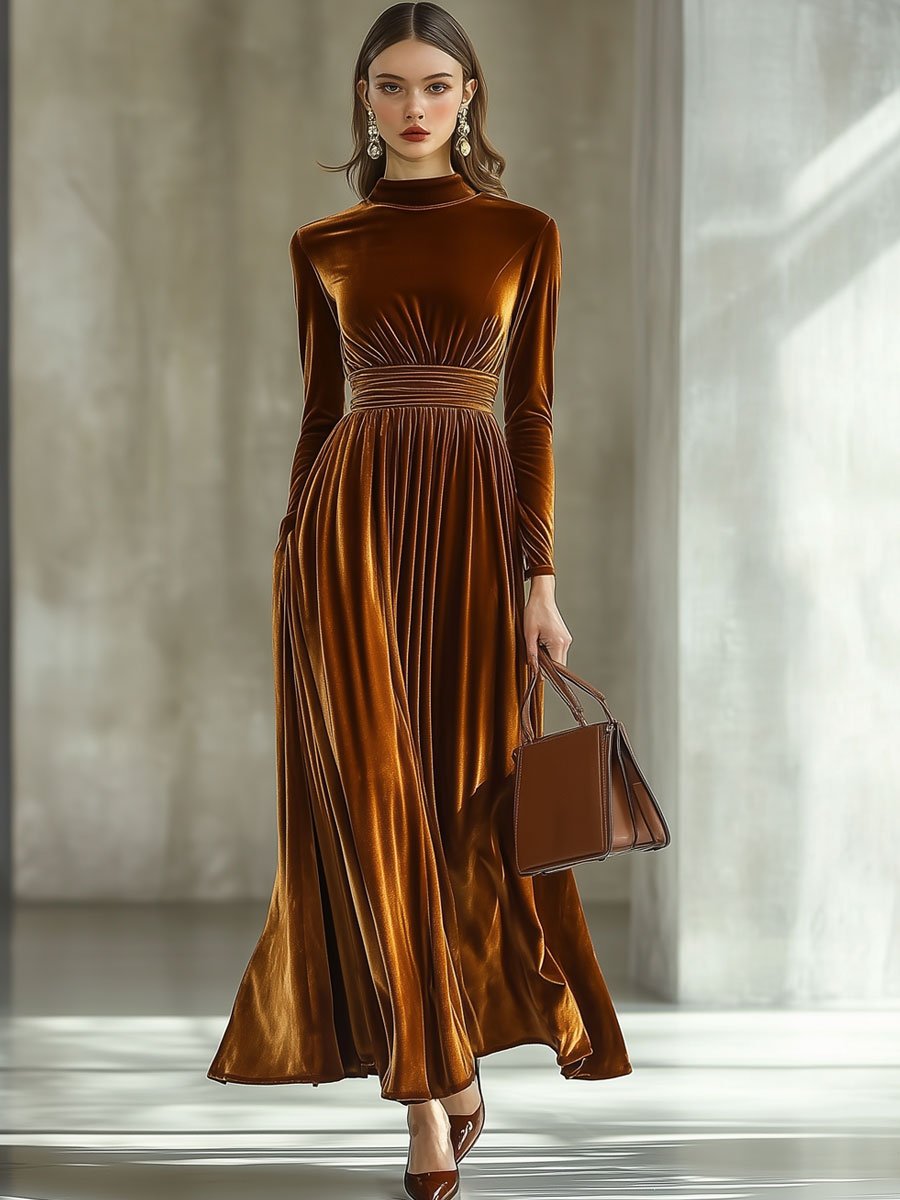 Robe Maxi Élégante à Manches Longues et Col Montant - Expédition en 24 Heures !