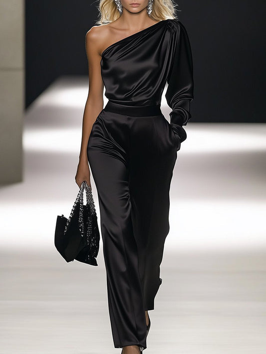 【Expédition en 24 heures】Chic Combinaison Satinée Off-Shoulder à Manches Longues