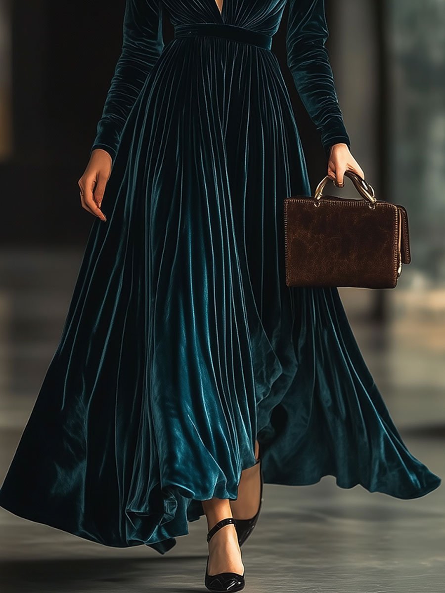 Robe Maxi Longue en Velours Unicolore à Col V - Expédition Rapide sous 24 Heures pour Vos Soirées