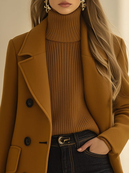 Veste mi-longue en laine camel rétro - Style décontracté avec double boutonnage, expédition en 24 heures!