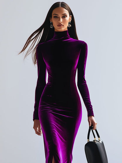 Robe Maxi en Velours Violet à Col Montant et Manches Longues - Livraison en 24 Heures !