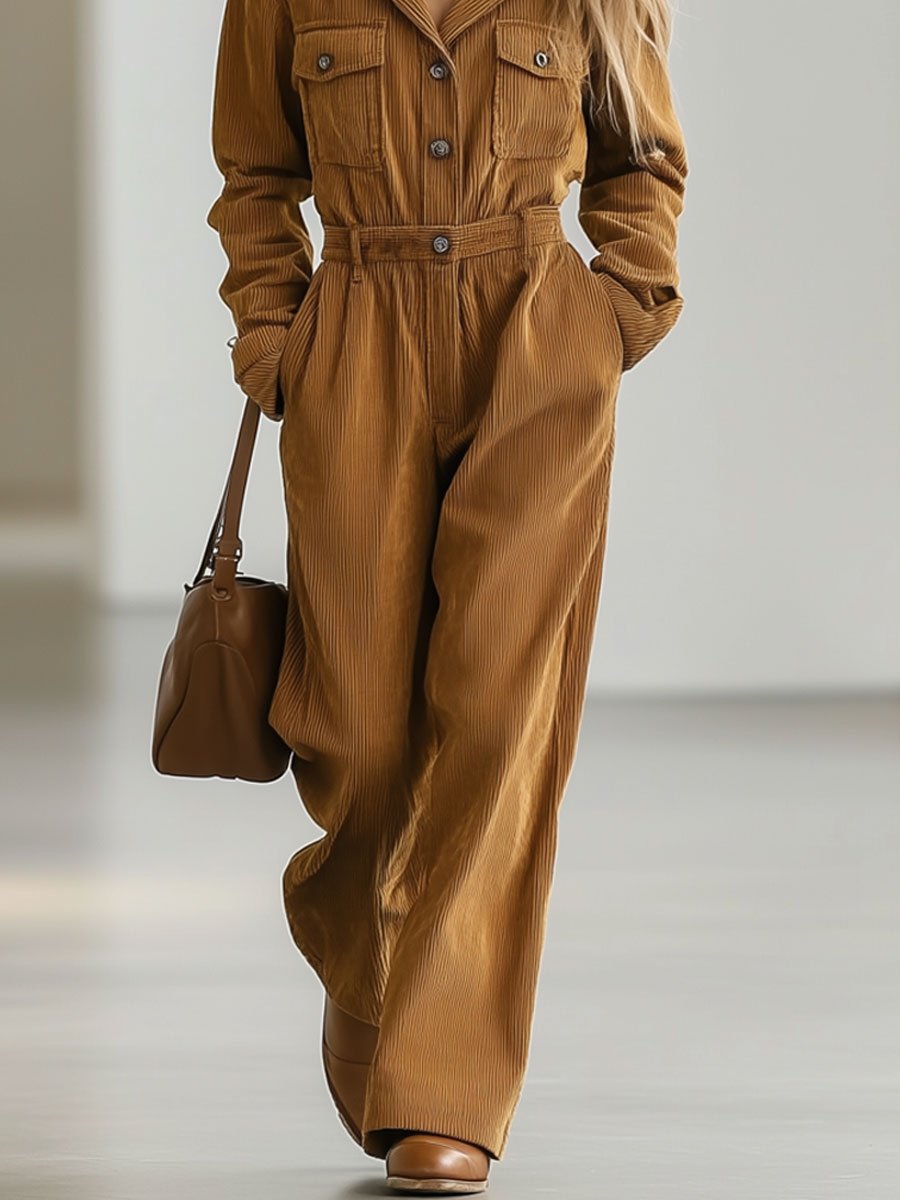 Expédition Rapide: Combinaison Rétro en Velours Côtelé à Manches Longues avec Poches Multiples