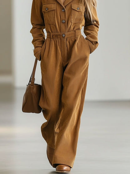 Expédition Rapide: Combinaison Rétro en Velours Côtelé à Manches Longues avec Poches Multiples