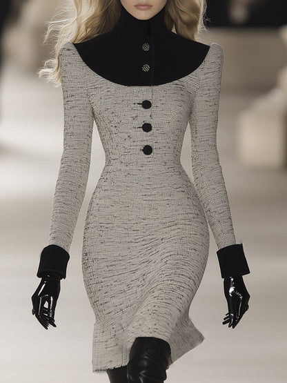 【Expédition Rapide en 24h】Robe Midi Élégante en Tweed Velours avec Col Montant – Style Rétro