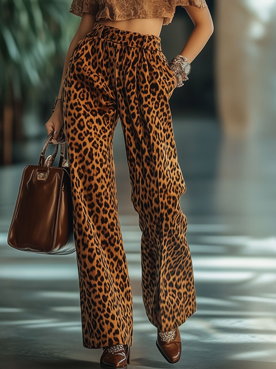 Livraison Rapide : Pantalons Décontractés en Velours Vintage Imprimé Léopard avec Poches et Taille Élastique