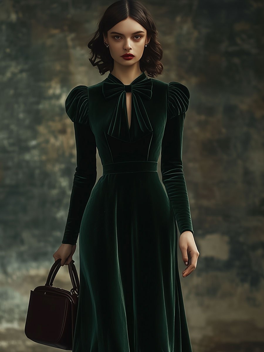 Robe Maxi en Velours Épuré avec Col Montant et Nœud – Manches Longues, Prête à Expédier en 24 Heures pour vos Événements Festifs