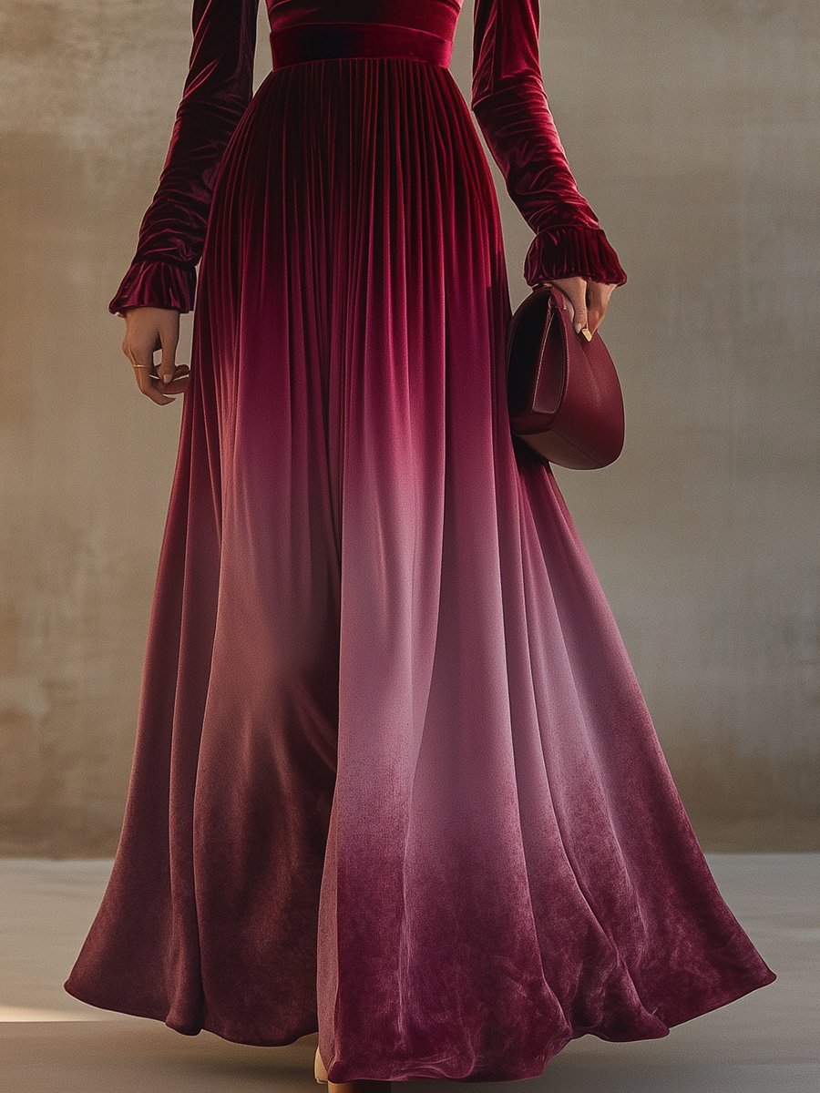 Robe Maxi Velours Dégradé Bordeaux : Élégance Instantanée avec Manches Trompette et Col Droit - Expédition Sous 24 Heures