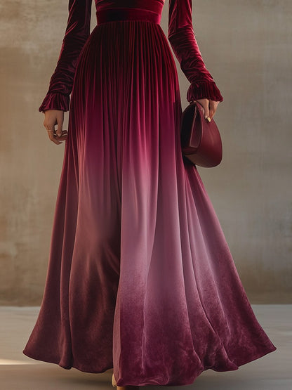 Robe Maxi Velours Dégradé Bordeaux : Élégance Instantanée avec Manches Trompette et Col Droit - Expédition Sous 24 Heures