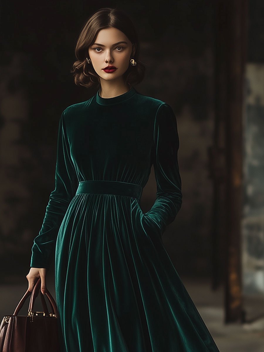【Livraison Rapide en 24h】Robe Maxi Longue en Velours Épuré avec Col Montant et Poches Pratiques