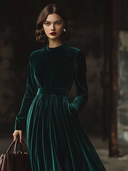 【Livraison Rapide en 24h】Robe Maxi Longue en Velours Épuré avec Col Montant et Poches Pratiques