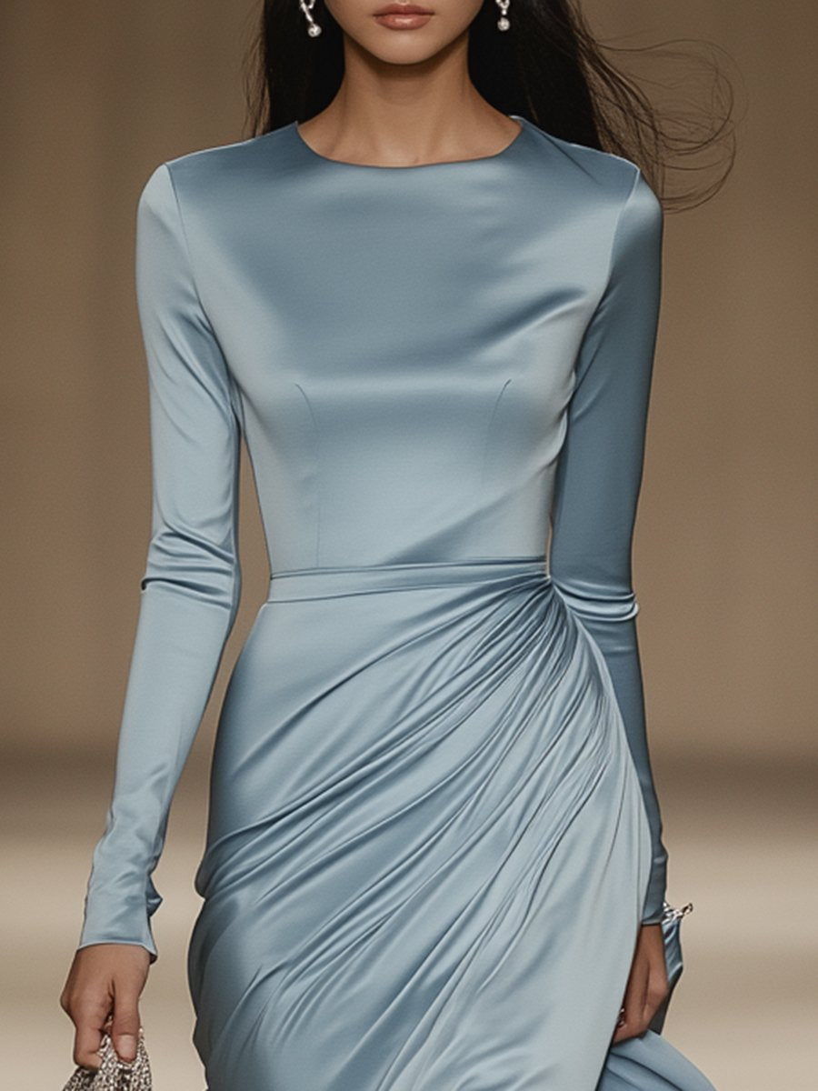 Robe Maxi Longue en Satin Bleu Élégante : Douceur et Style, Expédition en 24 Heures