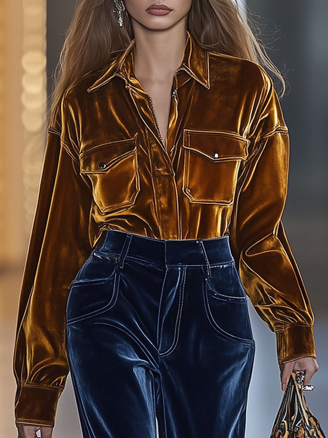 Blouse Rétro Ample en Velours Uni avec Poches - Expédition Rapide sous 24 Heures