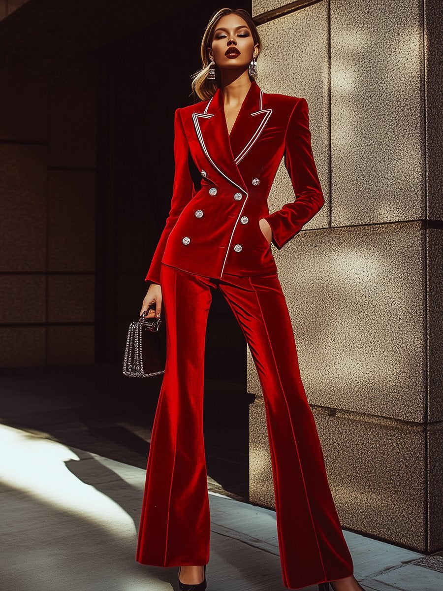 Costume en Velours Rouge Luxe avec Finitions Argentées - Expédition en 24 Heures