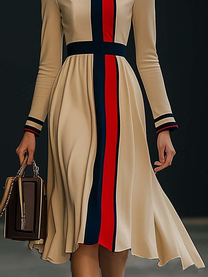 Robe Midi Élégante à Manches Longues en Colorblock - Expédition Rapide en 24 Heures