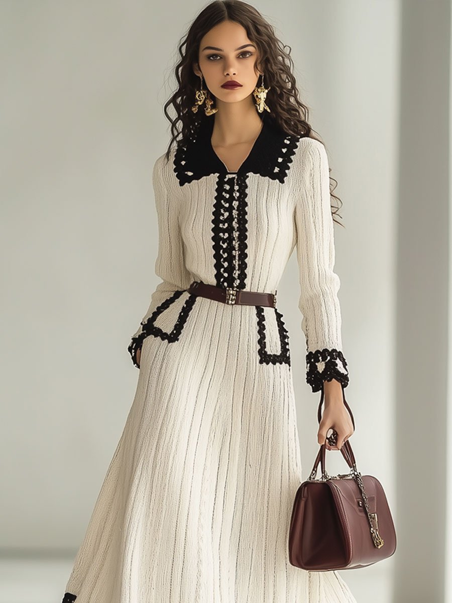Robe Maxi Tricotée Rétro Colorblock à Manches Longues - Expédition Rapide en 24 Heures!