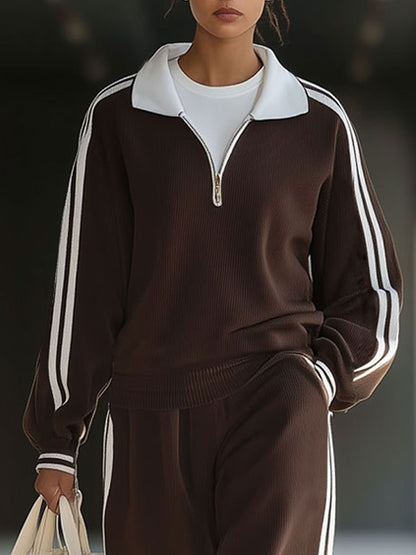 【Expédition en 24 heures】Ensemble de sweat-shirt rétro à rayures avec col polo zippé - Style décontracté idéal pour le sport
