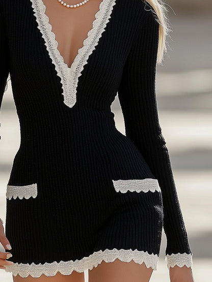 Robe Mini Tricotée Noire Élégante avec Détails en Dentelle - Expédition Rapide sous 24 Heures