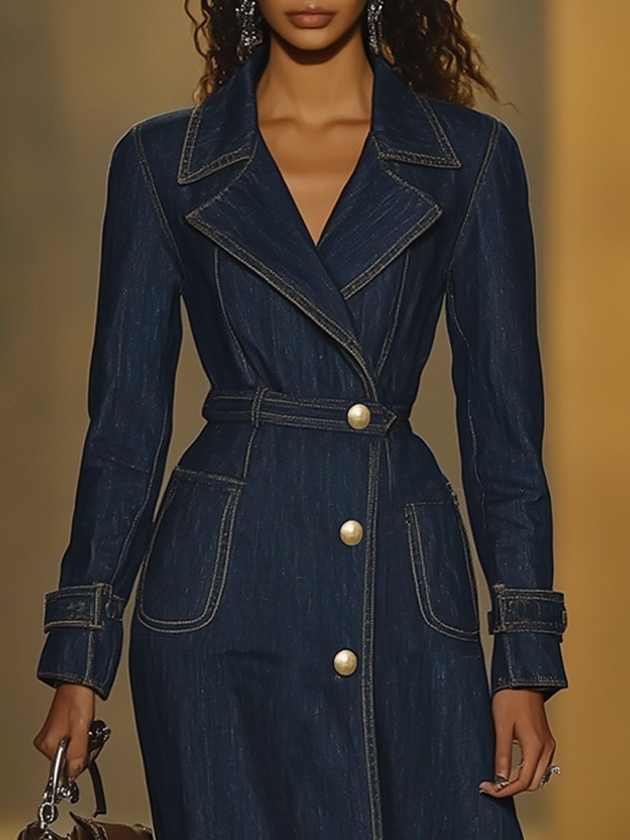 Trench en Jean Rétro à Manches Longues avec Poches - Livraison en 24 Heures !