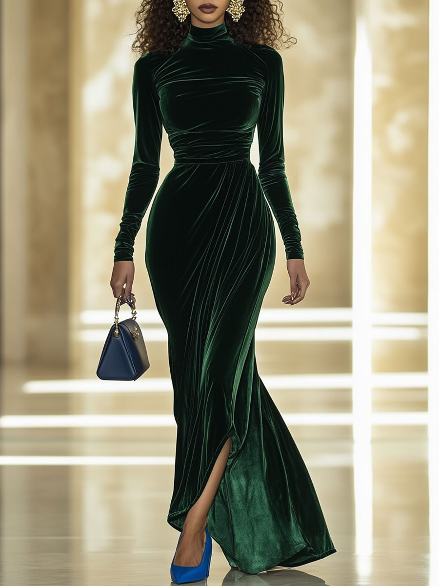 Robe Maxi Vintage en Velours avec Col Roulé et Manches Longues - Expédition en 24 Heures