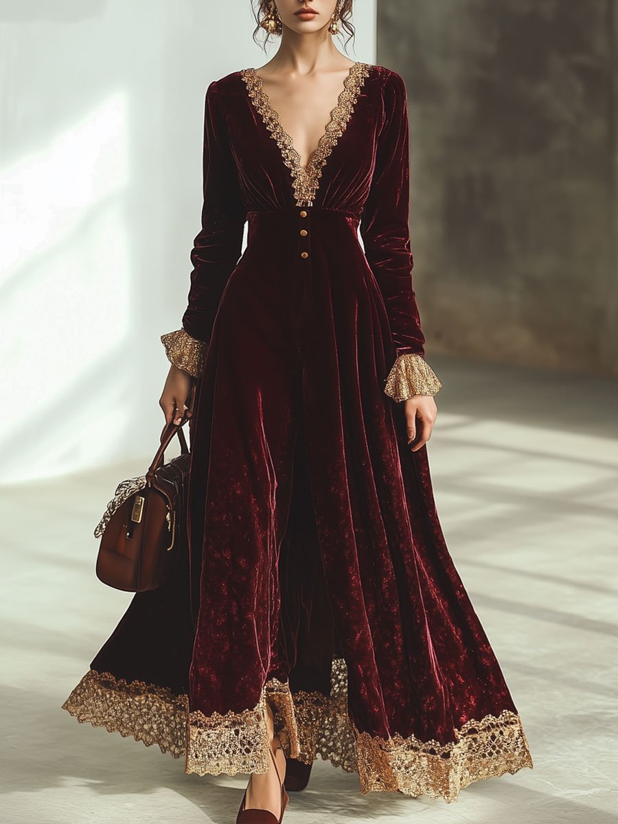 Robe Maxi en Velours Rouge Ankola : Élégance et Dentelle avec Col V et Manches Longues - Expédition Rapide en 24 Heures