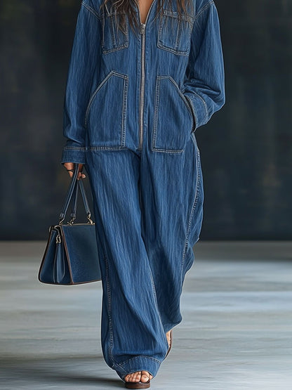【Expédition Rapide en 24h】Combinaison en Denim à Capuche, Manches Longues, Style Décontracté avec Poches et Zip