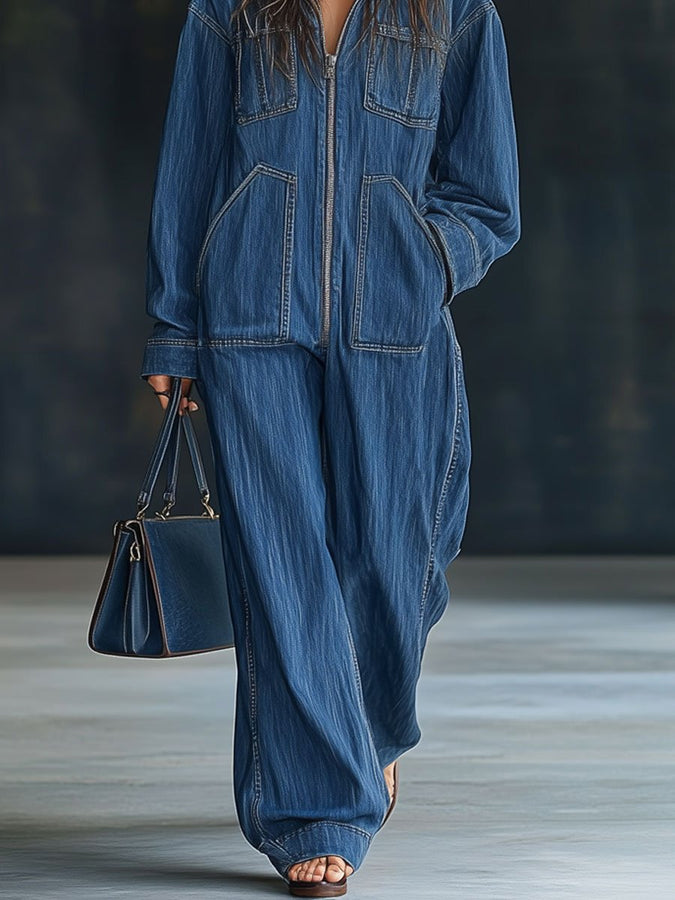 【Expédition Rapide en 24h】Combinaison en Denim à Capuche, Manches Longues, Style Décontracté avec Poches et Zip