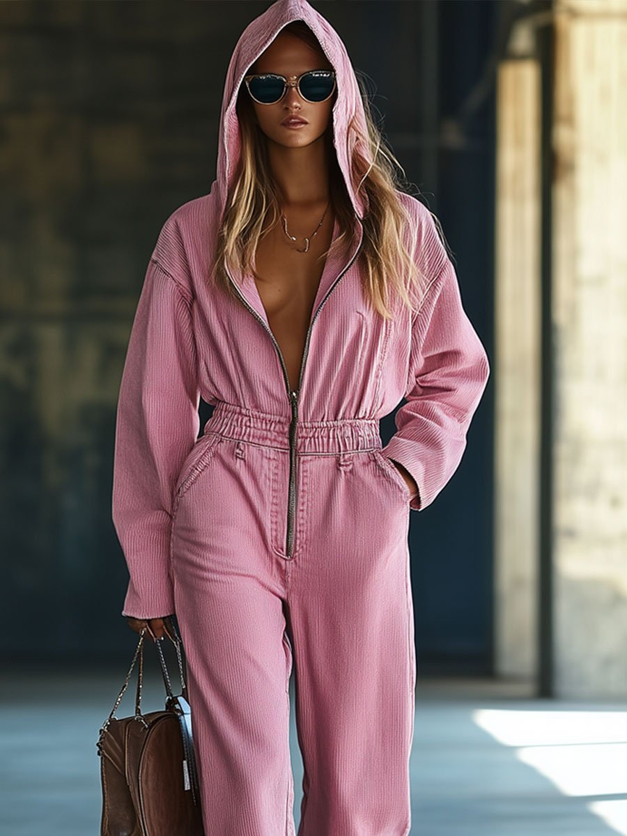 【Expédition en 24h】Combinaison zippée en velours côtelé au style rétro décontracté