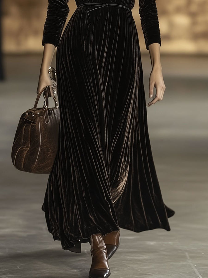 Robe Maxi Velours Unie à Col en V avec Ceinture - Expédition Rapide en 24 Heures