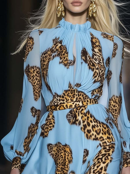 Élégante Robe Mini en Chiffon Bleu Ciel à Imprimé Léopard