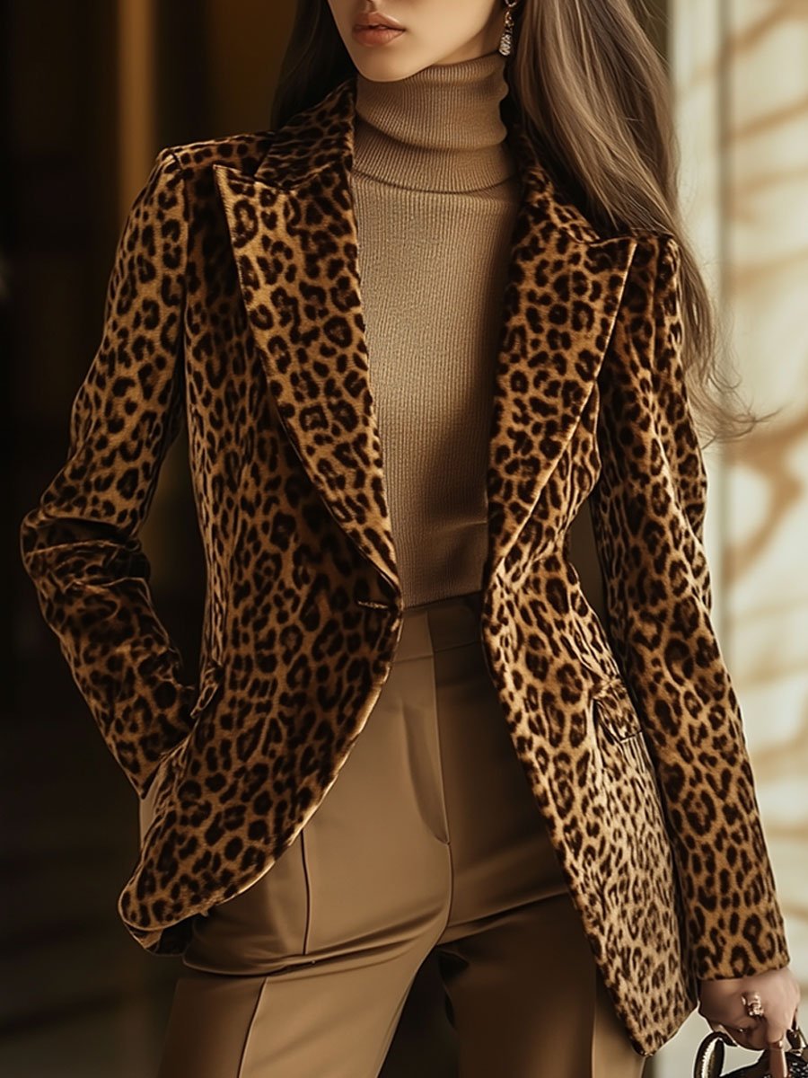 Veste Décontractée en Velours Léopard avec Poches Vintage