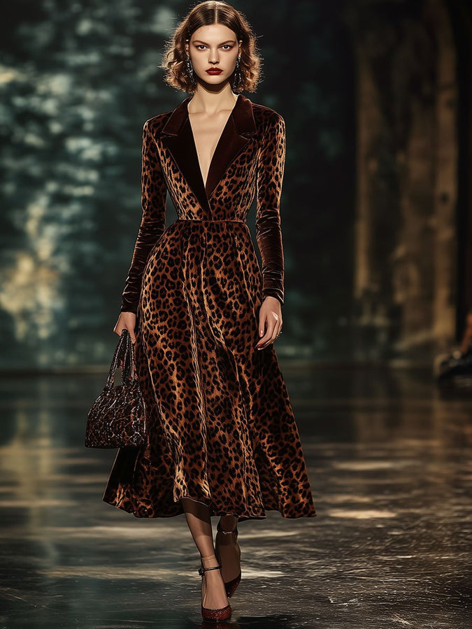 Robe Midi en Velours Léopard à Col Revers – Expédition Rapide en 24 Heures !
