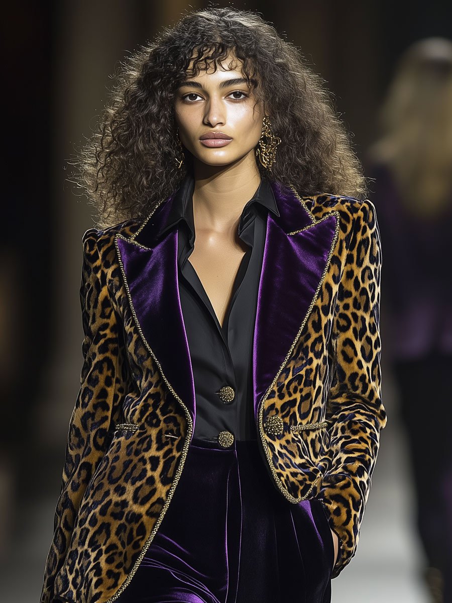 Blazer Décontracté en Velours Vintage à Imprimé Léopard - Expédition Rapide en 24 Heures !
