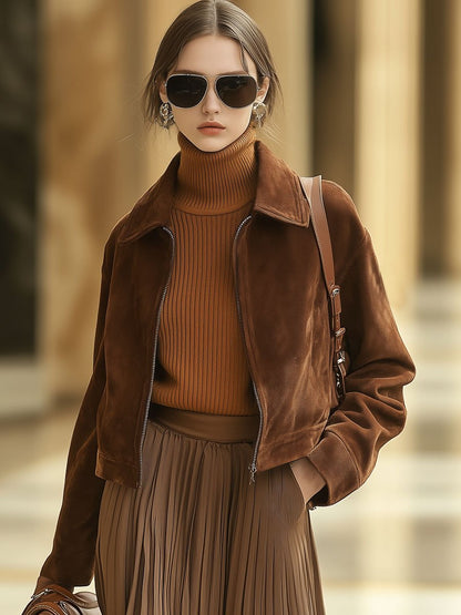 Veste courte en suède décontractée avec poches zippées - Expédition rapide sous 24 heures