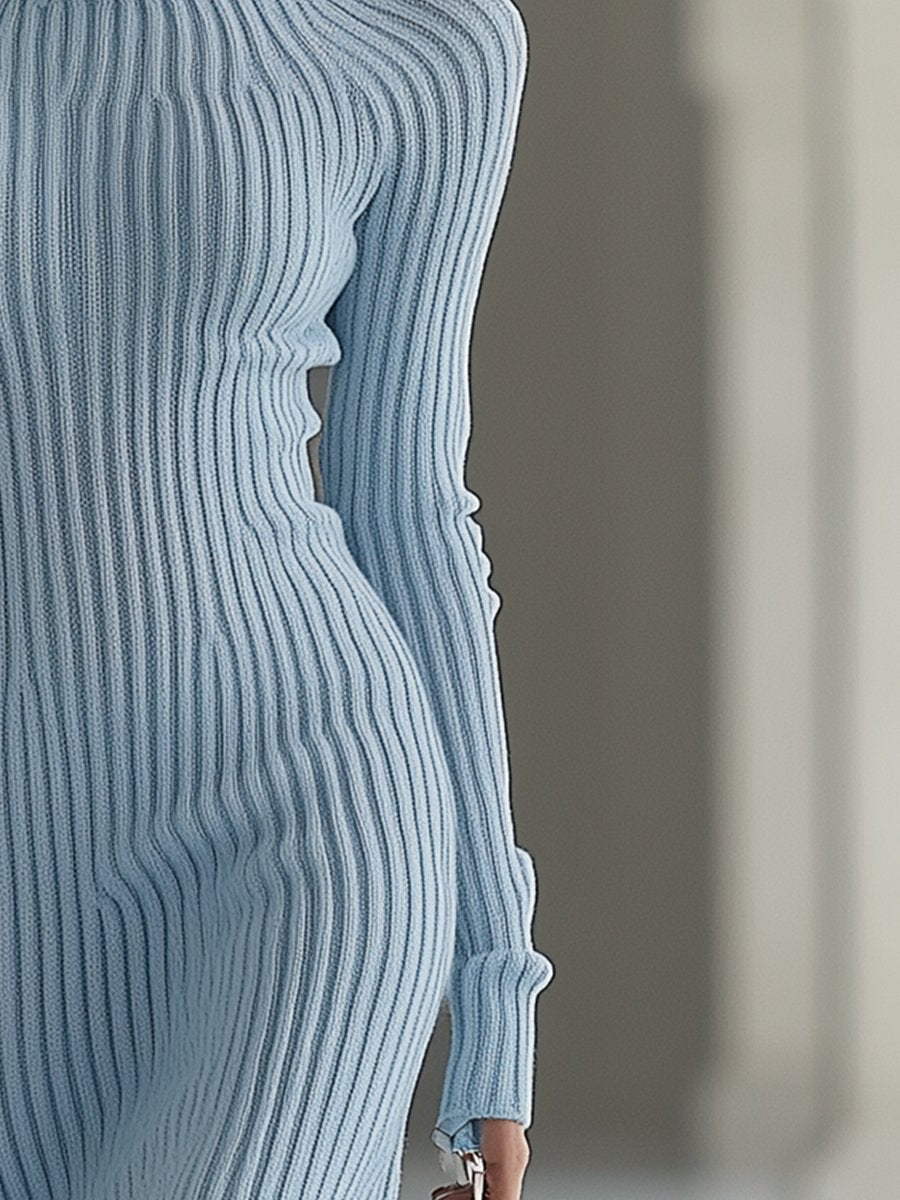 Robe Midi Tricotée à Manches Longues Off-Épaule en Bleu Brume - Expédition Rapide sous 24 Heures !