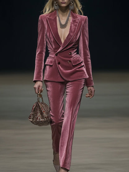Costume Vintage Élégant en Velours Rose Poudré - Expédition Rapide en 24 Heures