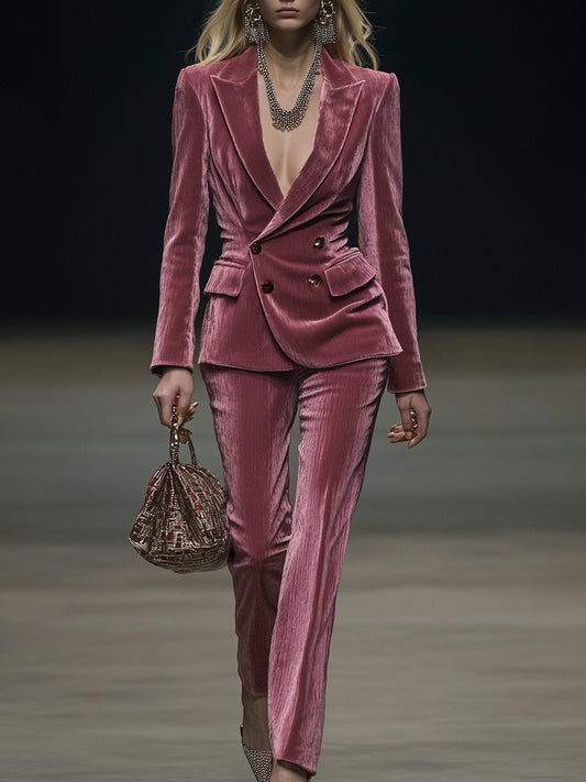 Costume Vintage Élégant en Velours Rose Poudré - Expédition Rapide en 24 Heures