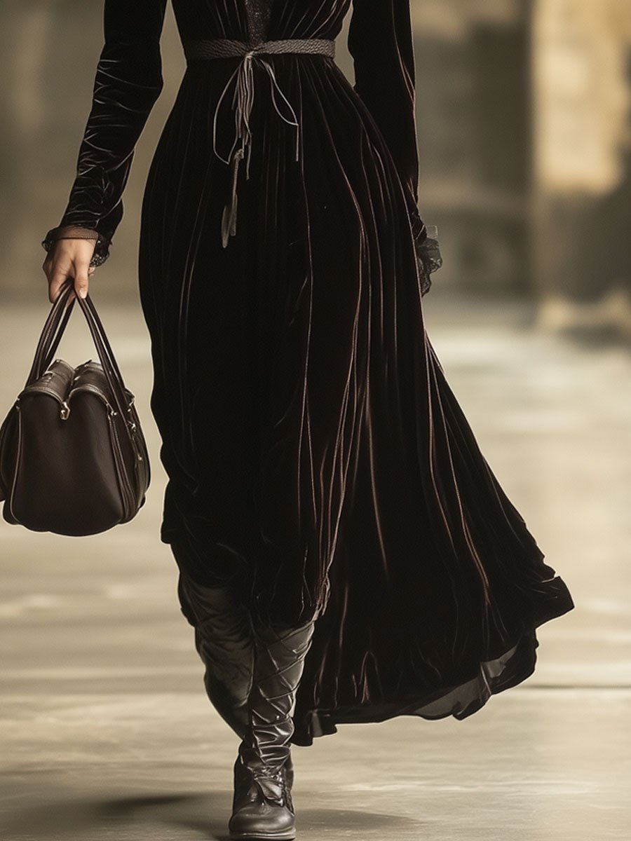 Robe Maxi Longue en Velours Uni avec Col V en Dentelle - Expédition Rapide sous 24 Heures