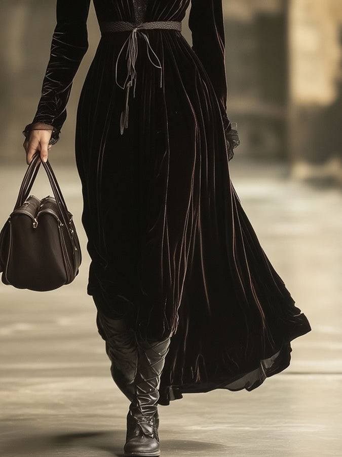 Robe Maxi Longue en Velours Uni avec Col V en Dentelle - Expédition Rapide sous 24 Heures