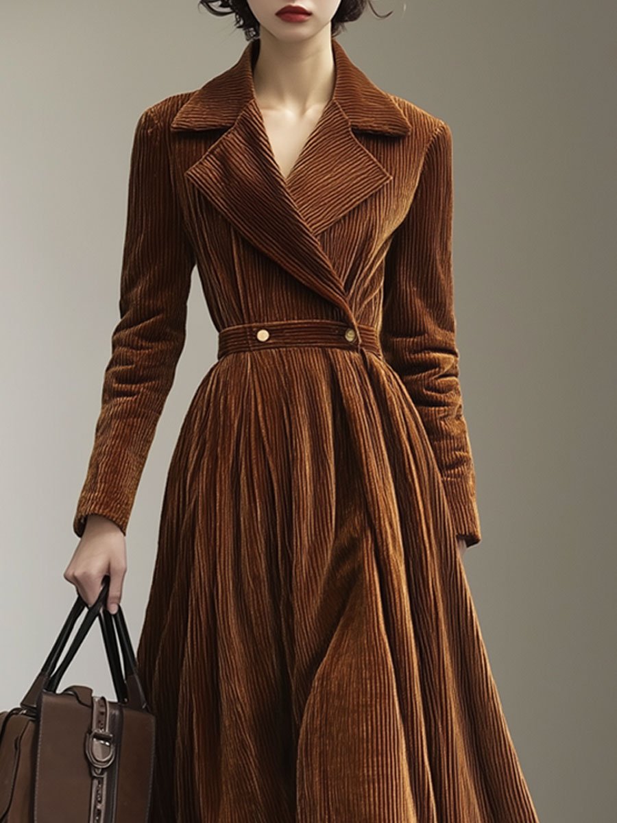 Robe Maxi Vintage en Velours Côtelé : Élégance Décontractée avec Col Revers et Manches Longues - Expédition Rapide en 24 Heures