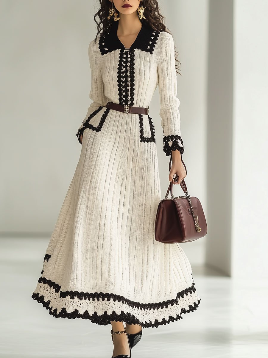 Robe Maxi Tricotée Rétro Colorblock à Manches Longues - Expédition Rapide en 24 Heures!