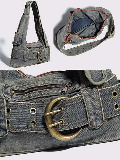 Vintage Washed Denim Crossbody Bag