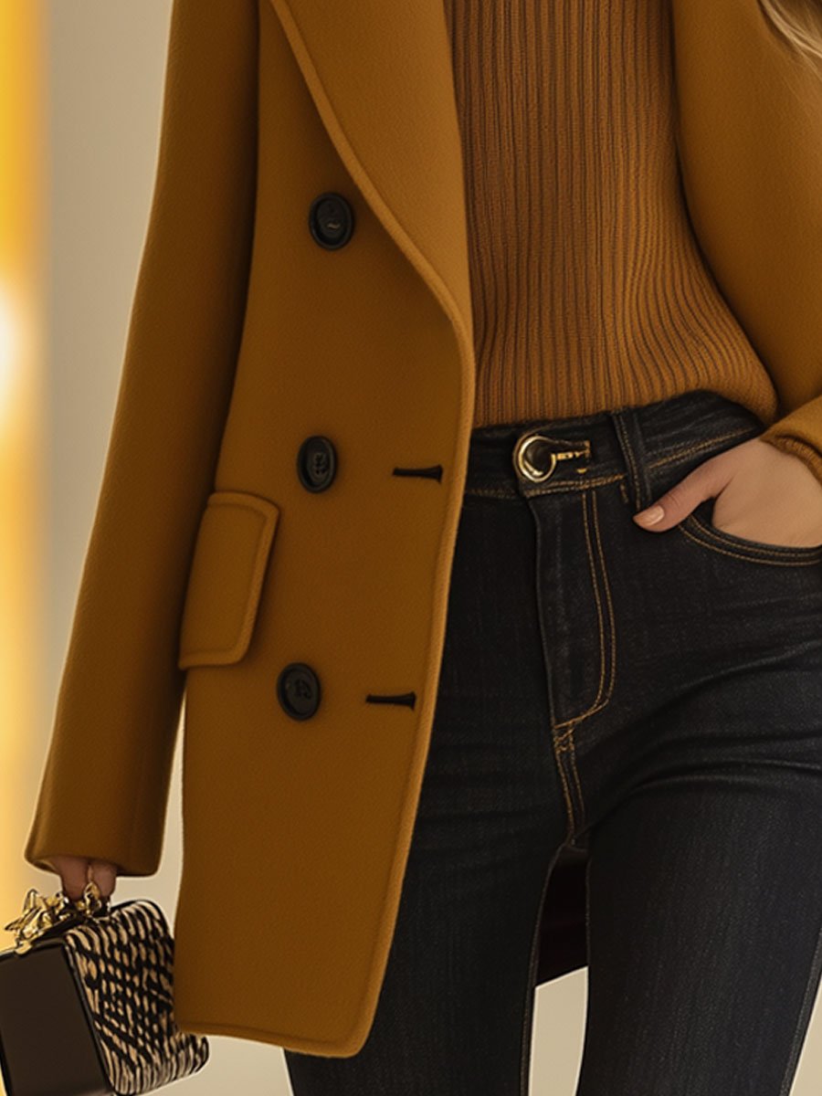 Veste mi-longue en laine camel rétro - Style décontracté avec double boutonnage, expédition en 24 heures!