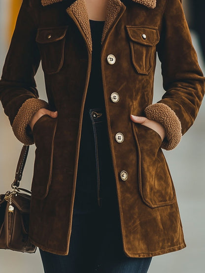 Veste Décontractée en Daim Rétro avec Patchwork en Laine et Multiples Poches - Expédition en 24 Heures