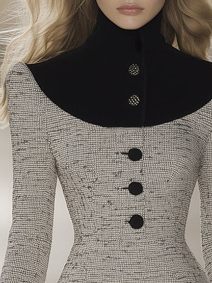 【Expédition Rapide en 24h】Robe Midi Élégante en Tweed Velours avec Col Montant – Style Rétro