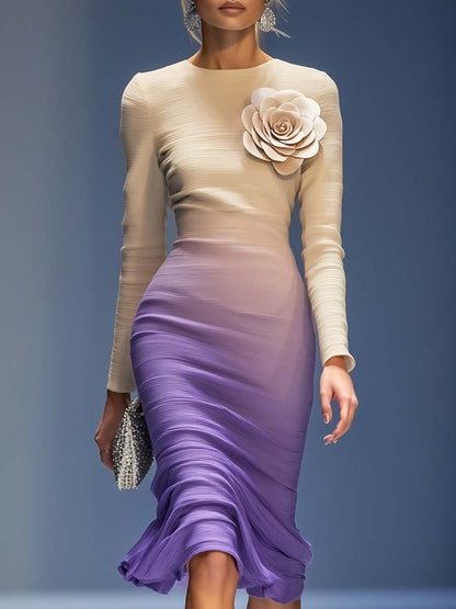 Robe Midi Élégante Beige et Violet Dégradé avec Fleurs 3D – Expédition en 24 Heures