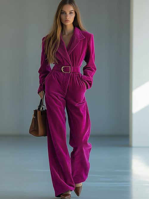 【Expédition en 24 heures】Combinaison Casual en Velours Côtelé avec Col et Cravate - Manches Longues