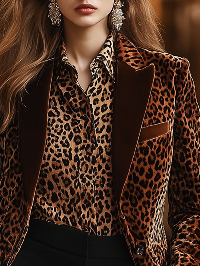 Blazer en Velours Rétro à Imprimé Léopard - Expédition Rapide en 24 Heures !