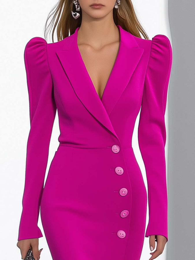 Robe Midi Élegante à Manches Bouffantes et Décolleté en V - Rose Vif, Expédition en 24 Heures !